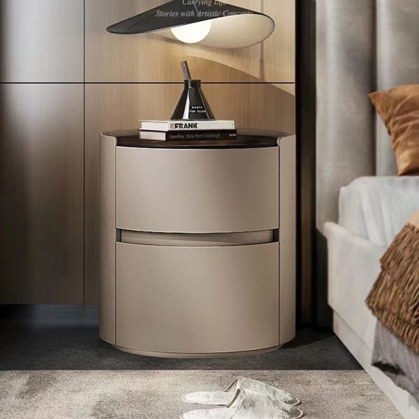 Modern Minimalist Sintered Stone Leather Solid Wood Round Nightstand 2-Drawer For Bedroom