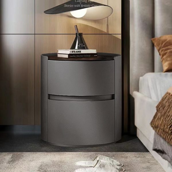 Modern Minimalist Sintered Stone Leather Solid Wood Round Nightstand 2-Drawer For Bedroom - Image 10