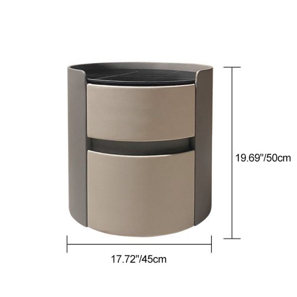 Modern Minimalist Sintered Stone Leather Solid Wood Round Nightstand 2-Drawer For Bedroom - Image 5