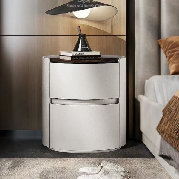 Modern Minimalist Sintered Stone Leather Solid Wood Round Nightstand 2-Drawer For Bedroom - Image 12