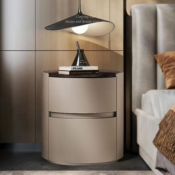 Modern Minimalist Sintered Stone Leather Solid Wood Round Nightstand 2-Drawer For Bedroom - Image 13