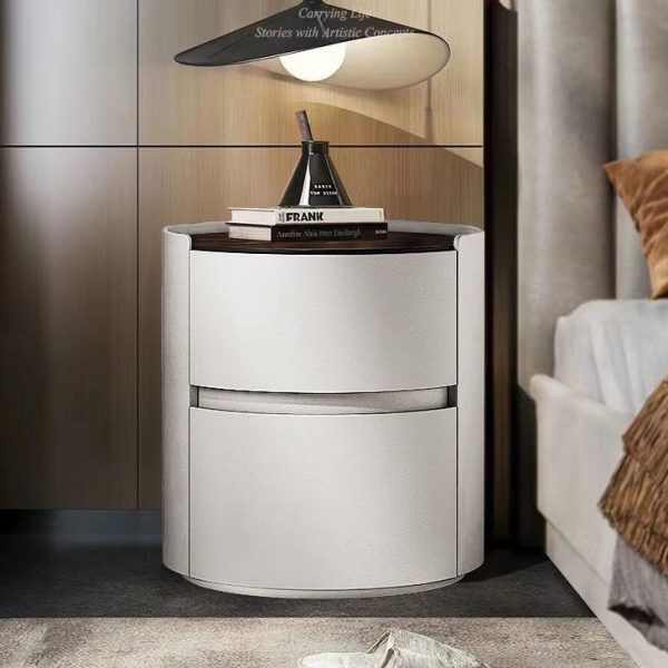 Modern Minimalist Sintered Stone Leather Solid Wood Round Nightstand 2-Drawer For Bedroom - Image 14