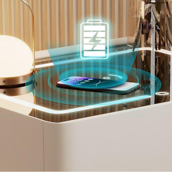 Modern Luxury Rock Panel Tempered Glass Leather Solid Wood Rounded Nightstand 2-Drawer For Bedroom - Image 9