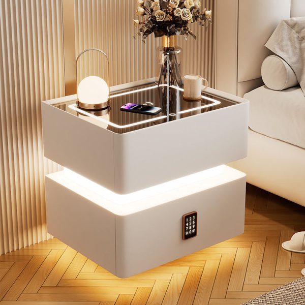 Modern Luxury Rock Panel Tempered Glass Leather Solid Wood Rounded Nightstand 2-Drawer For Bedroom - Image 2