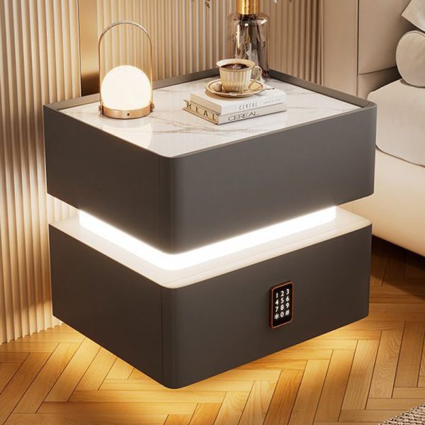 Modern Luxury Rock Panel Tempered Glass Leather Solid Wood Rounded Nightstand 2-Drawer For Bedroom - Image 3