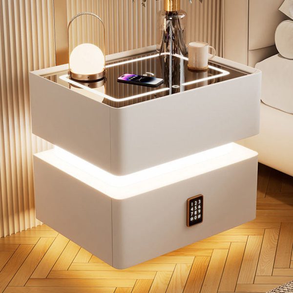 Modern Luxury Rock Panel Tempered Glass Leather Solid Wood Rounded Nightstand 2-Drawer For Bedroom - Image 12