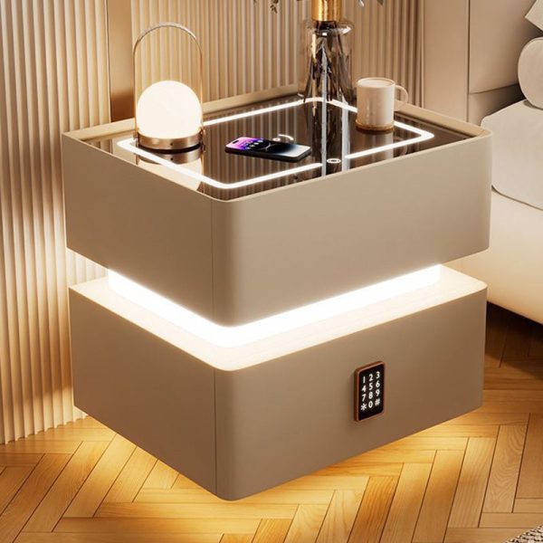 Modern Luxury Rock Panel Tempered Glass Leather Solid Wood Rounded Nightstand 2-Drawer For Bedroom - Image 13