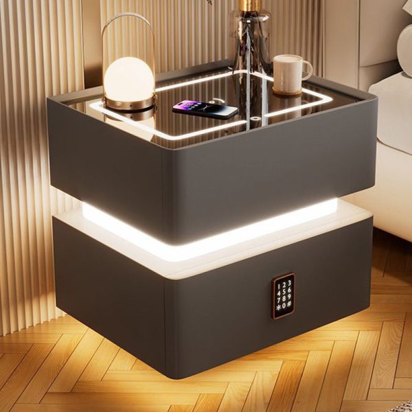 Modern Luxury Rock Panel Tempered Glass Leather Solid Wood Rounded Nightstand 2-Drawer For Bedroom - Image 15