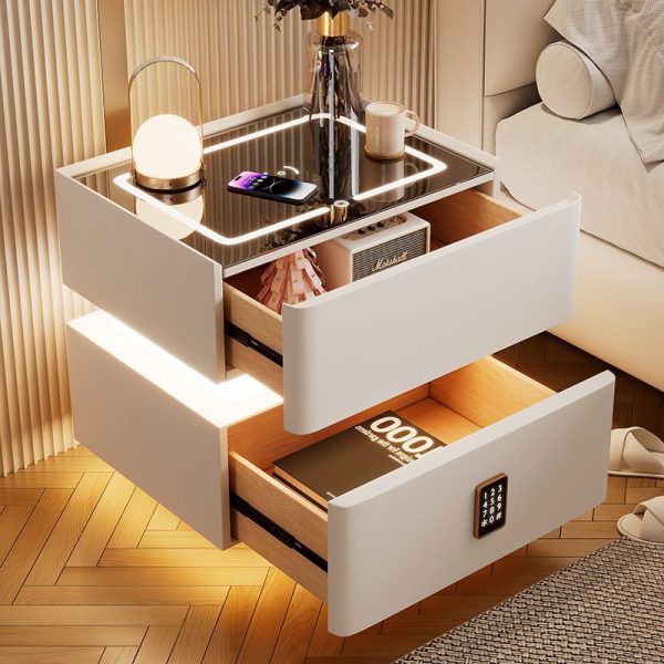 Modern Luxury Rock Panel Tempered Glass Leather Solid Wood Rounded Nightstand 2-Drawer For Bedroom - Image 10