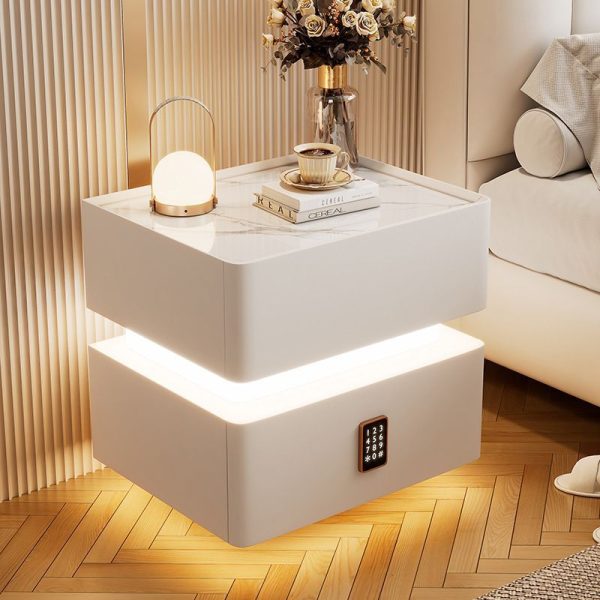 Modern Luxury Rock Panel Tempered Glass Leather Solid Wood Rounded Nightstand 2-Drawer For Bedroom - Image 16