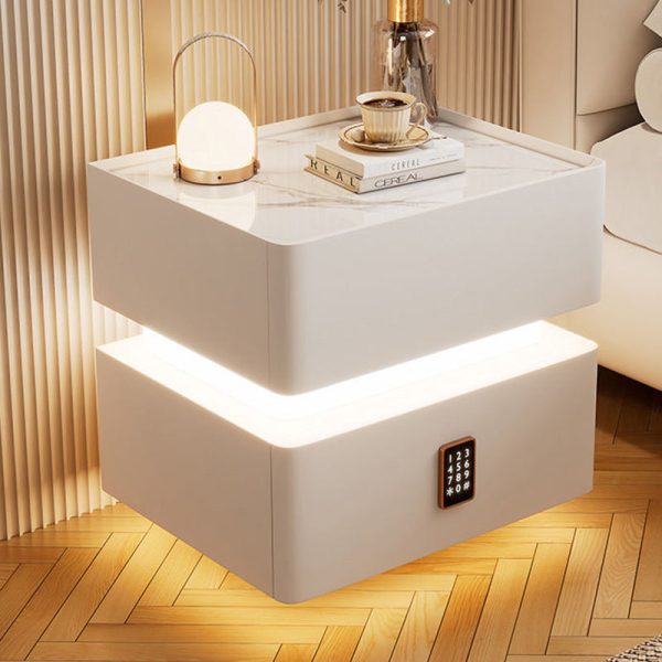 Modern Luxury Rock Panel Tempered Glass Leather Solid Wood Rounded Nightstand 2-Drawer For Bedroom - Image 17
