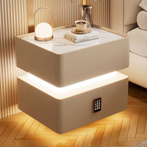Modern Luxury Rock Panel Tempered Glass Leather Solid Wood Rounded Nightstand 2-Drawer For Bedroom - Image 18