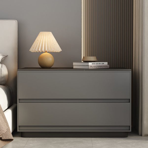 Modern Minimalist Sintered Stone Leather Wood Rectangular Nightstand 2-Drawer For Bedroom