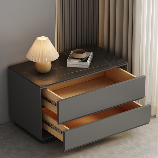 Modern Minimalist Sintered Stone Leather Wood Rectangular Nightstand 2-Drawer For Bedroom - Image 9