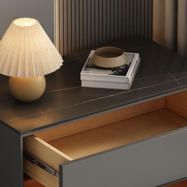 Modern Minimalist Sintered Stone Leather Wood Rectangular Nightstand 2-Drawer For Bedroom - Image 8