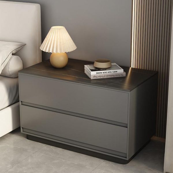 Modern Minimalist Sintered Stone Leather Wood Rectangular Nightstand 2-Drawer For Bedroom - Image 20