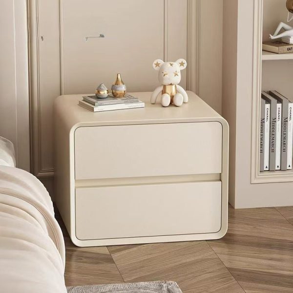 Modern Minimalist Faux Leather Solid Wood Rounded Rectangular Nightstand 2-Drawer For Bedroom