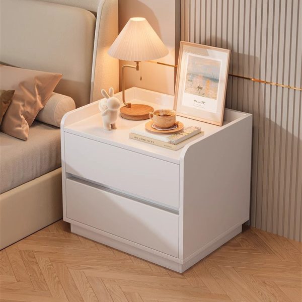 Modern Minimalist Solid Wood Metal Rounded Square Nightstand 2-Drawer For Bedroom
