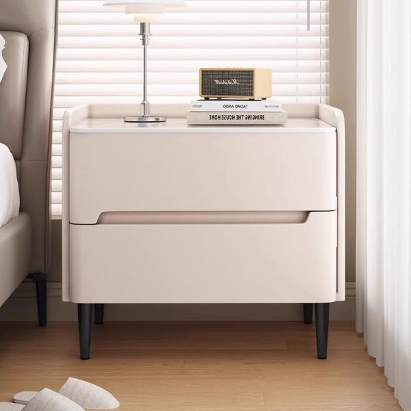 Modern Luxury Sintered Stone Leather Wood Cylindrical Rectangular Nightstand 2-Drawer For Bedroom