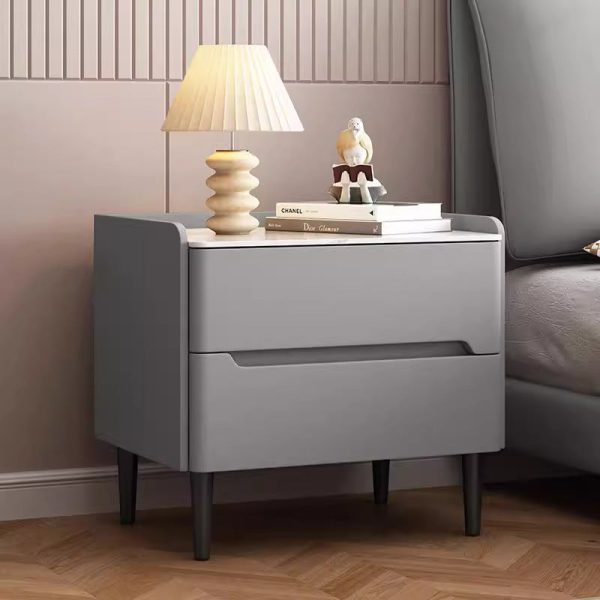 Modern Luxury Sintered Stone Leather Wood Cylindrical Rectangular Nightstand 2-Drawer For Bedroom - Image 3
