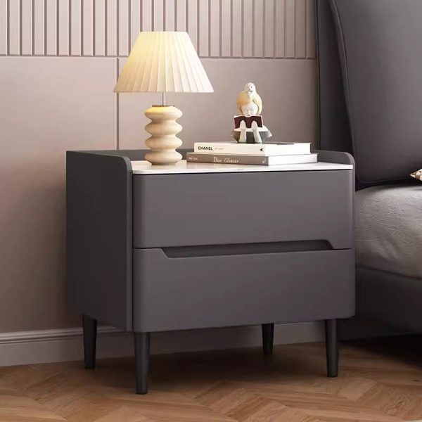 Modern Luxury Sintered Stone Leather Wood Cylindrical Rectangular Nightstand 2-Drawer For Bedroom - Image 14