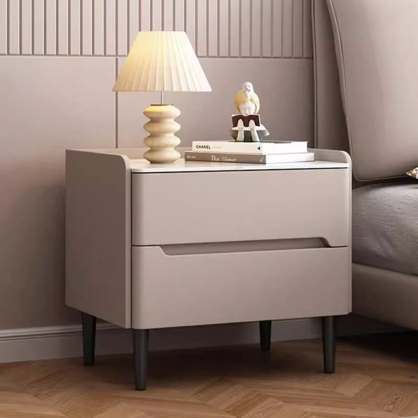 Modern Luxury Sintered Stone Leather Wood Cylindrical Rectangular Nightstand 2-Drawer For Bedroom - Image 13