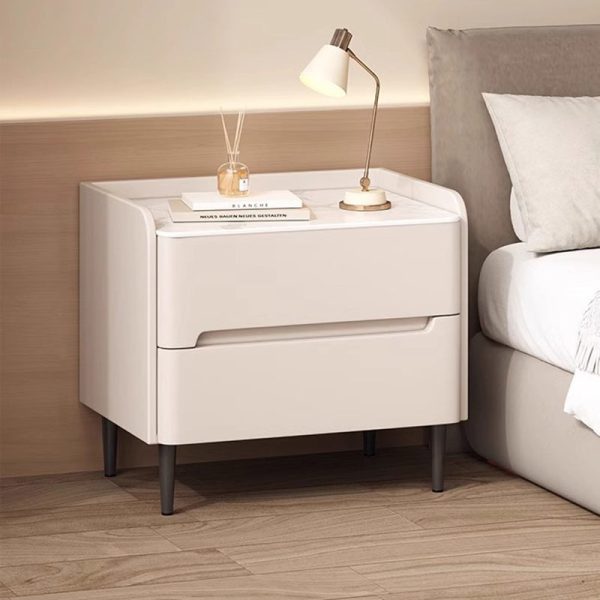 Modern Luxury Sintered Stone Leather Wood Cylindrical Rectangular Nightstand 2-Drawer For Bedroom - Image 2
