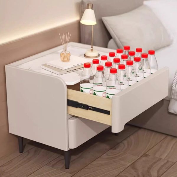 Modern Luxury Sintered Stone Leather Wood Cylindrical Rectangular Nightstand 2-Drawer For Bedroom - Image 12