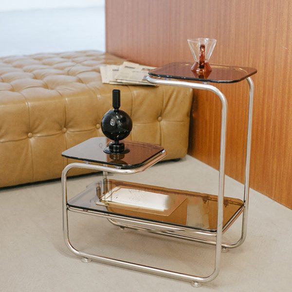 Modern Art Deco Geometry Glass Iron Side Table 3 - Tier For Dining Room - Image 3