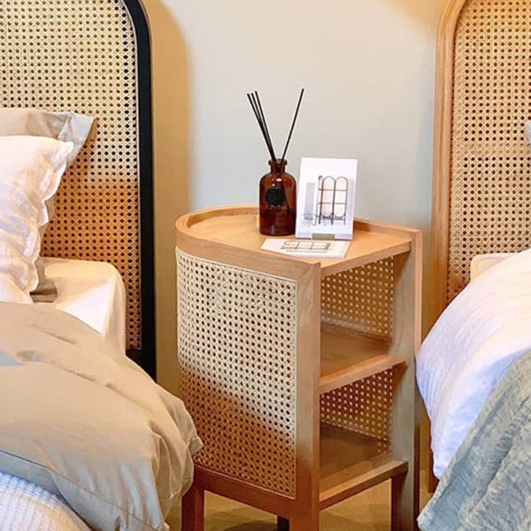 Traditional Rustic Wood Rattan Nightstand 2 - Cabinet For Bedroom - Image 8