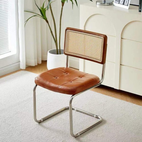 Contemporary Boho Rattan Leather Stainless Steel Dining Chair Backrest Armless For Dining Room - Image 13
