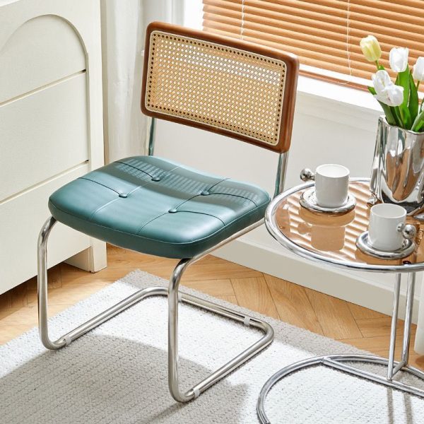 Contemporary Boho Rattan Leather Stainless Steel Dining Chair Backrest Armless For Dining Room - Image 11