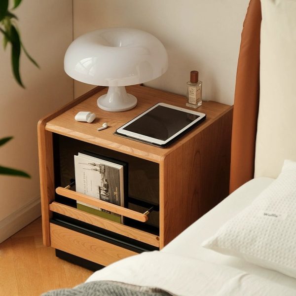 Contemporary Retro Sintered Stone Cherry Wood Nightstand 2 - Drawer For Bedroom - Image 2