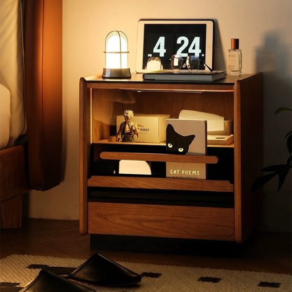 Contemporary Retro Sintered Stone Cherry Wood Nightstand 2 - Drawer For Bedroom - Image 3