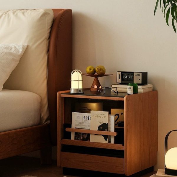 Contemporary Retro Sintered Stone Cherry Wood Nightstand 2 - Drawer For Bedroom - Image 19