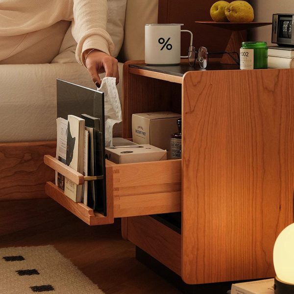 Contemporary Retro Sintered Stone Cherry Wood Nightstand 2 - Drawer For Bedroom - Image 12