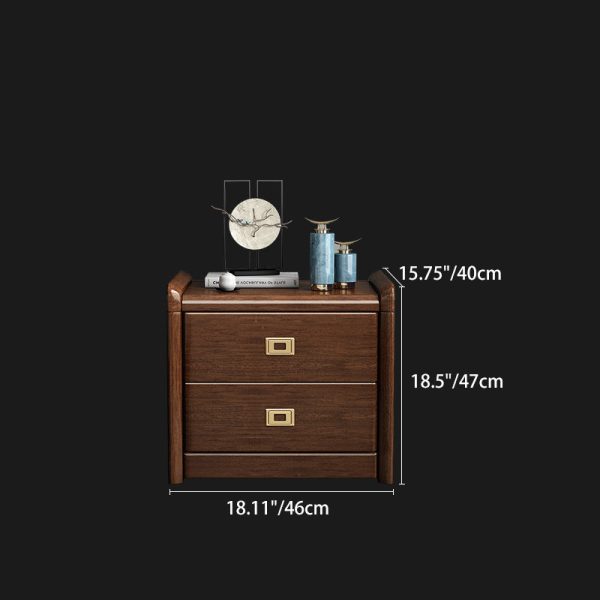 Traditional Chinese Square Cube Brass Walnut Nightstand 2 - Drawer For Bedroom - Image 4