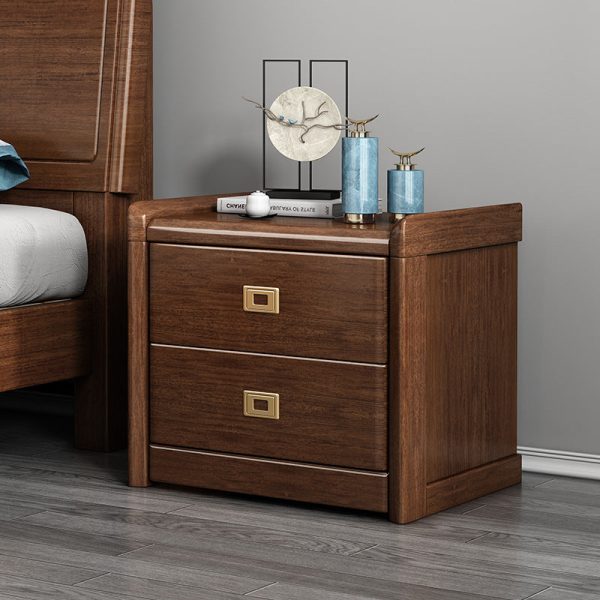 Traditional Chinese Square Cube Brass Walnut Nightstand 2 - Drawer For Bedroom - Image 2