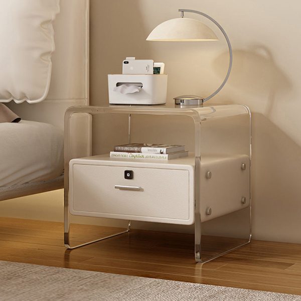 Contemporary Nordic Square Cube Acrylic Leather Solid Wood Nightstand 1 - Drawer For Bedroom