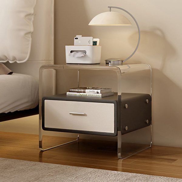 Contemporary Nordic Square Cube Acrylic Leather Solid Wood Nightstand 1 - Drawer For Bedroom - Image 9