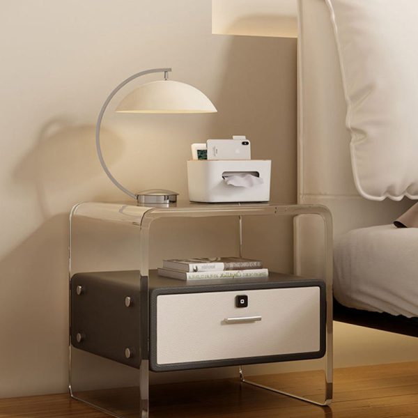 Contemporary Nordic Square Cube Acrylic Leather Solid Wood Nightstand 1 - Drawer For Bedroom - Image 6