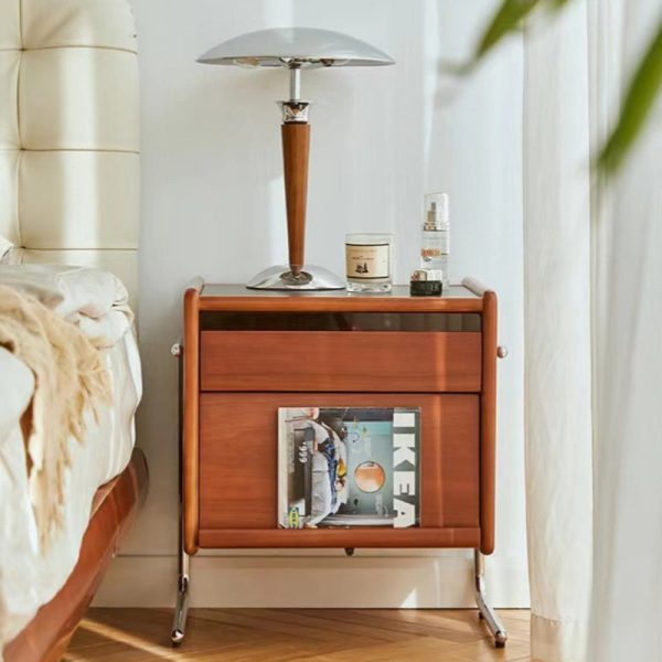 Contemporary Retro Square Cube Stainless Steel Solid Wood Nightstand 3 - Tier For Bedroom - Image 3