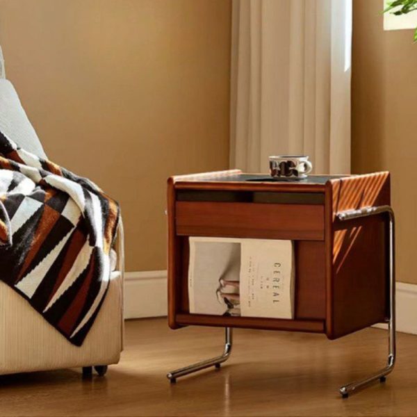 Contemporary Retro Square Cube Stainless Steel Solid Wood Nightstand 3 - Tier For Bedroom - Image 2