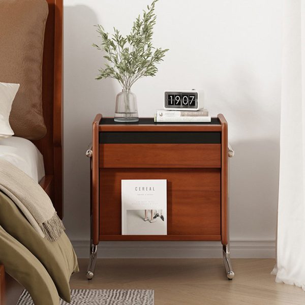 Contemporary Retro Square Cube Stainless Steel Solid Wood Nightstand 3 - Tier For Bedroom