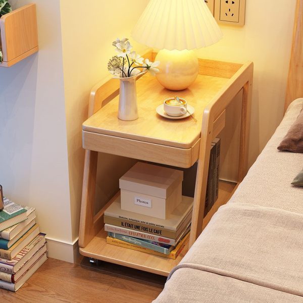 Contemporary Nordic Rectangle Wheels Solid Wood Side Table 2 - Tier For Living Room - Image 2