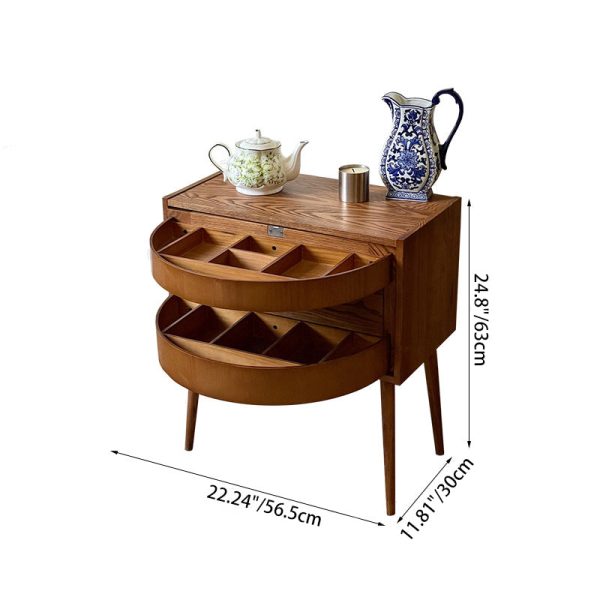 Contemporary Retro Square Semicircle Rotatable Jewelry Storage Red Oak Side Table 3 - Tier For Living Room - Image 4