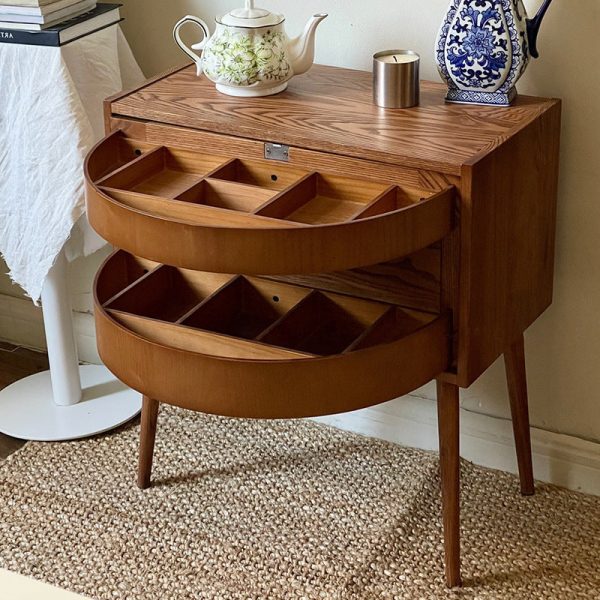Contemporary Retro Square Semicircle Rotatable Jewelry Storage Red Oak Side Table 3 - Tier For Living Room - Image 2