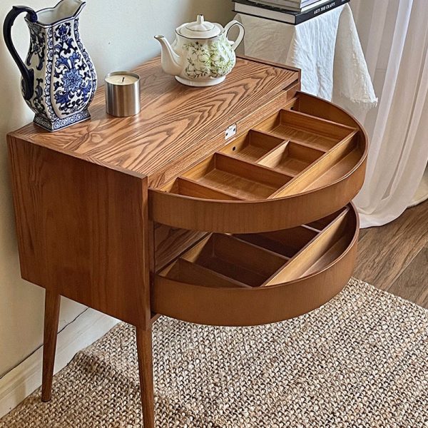 Contemporary Retro Square Semicircle Rotatable Jewelry Storage Red Oak Side Table 3 - Tier For Living Room - Image 14