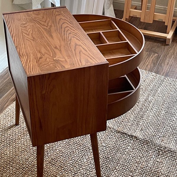 Contemporary Retro Square Semicircle Rotatable Jewelry Storage Red Oak Side Table 3 - Tier For Living Room - Image 11