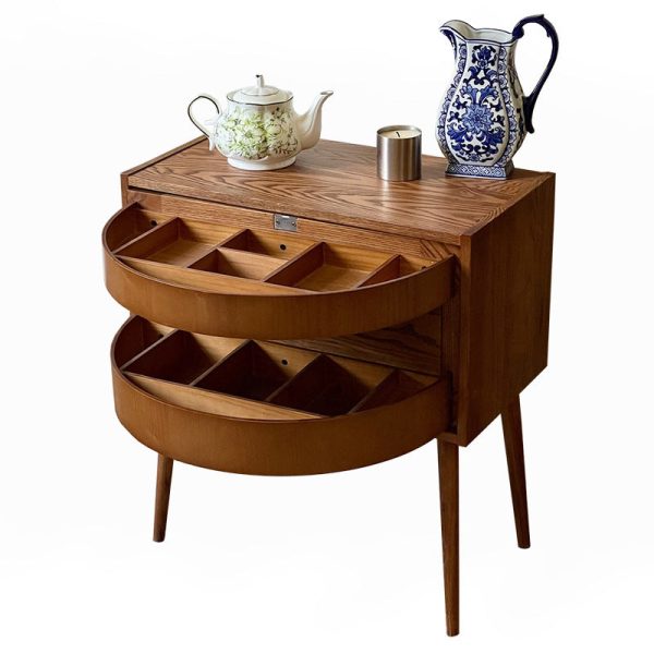 Contemporary Retro Square Semicircle Rotatable Jewelry Storage Red Oak Side Table 3 - Tier For Living Room - Image 17